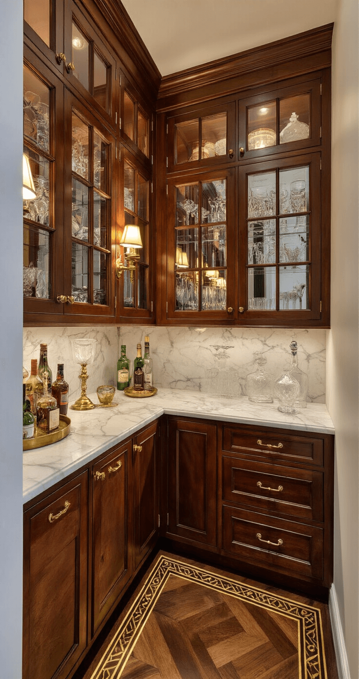 A luxurious butler's pantry featuring floor-to-ceiling mahogany cabinets with glass fronts, an antique mirror backsplash, and a marble countertop with brass inlay, illuminated by warm sconce lighting. Crystal decanters and vintage barware are elegantly displayed against a herringbone wood floor, with close-up details emphasizing the craftsmanship and moody shadows enhancing the Old World elegance.