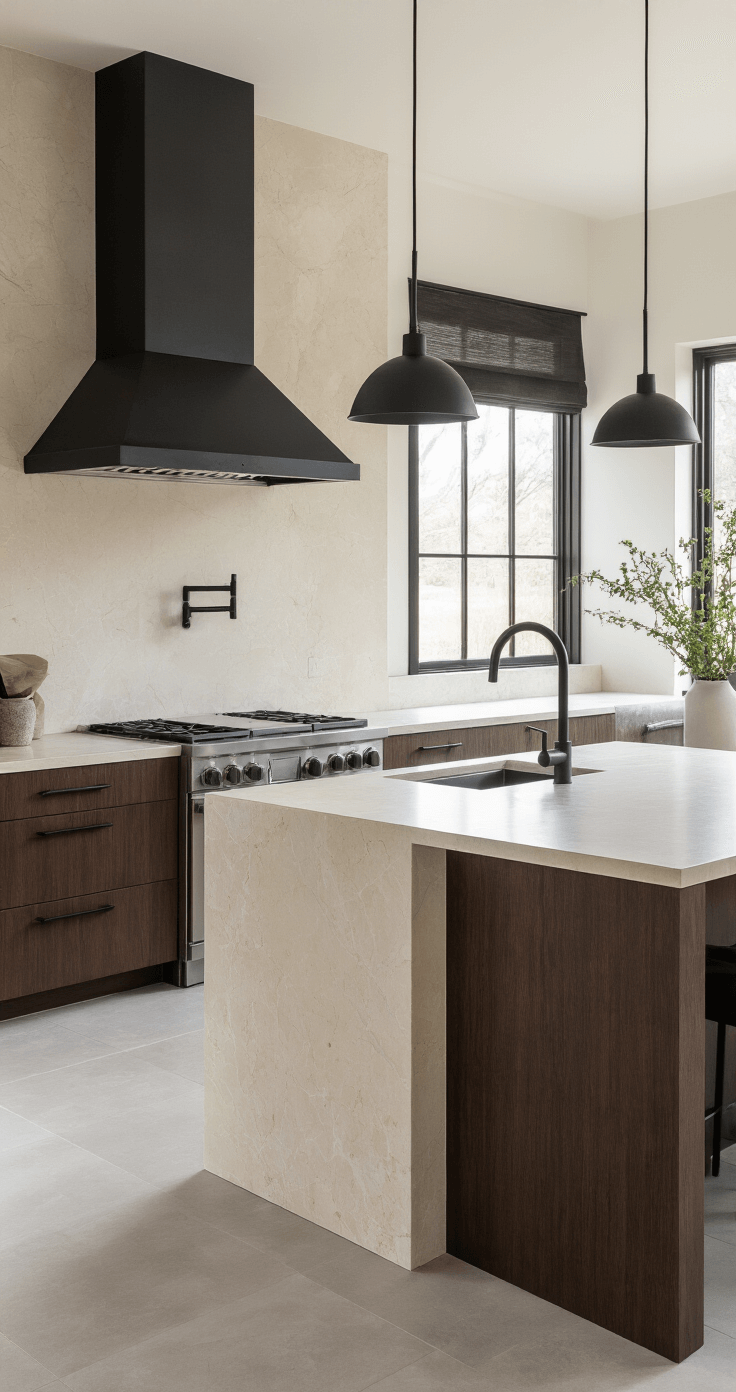 A modern kitchen featuring dark brown wood-grain cabinets, a cream and gray waterfall quartzite island, a blackened steel range hood, minimalist black pendant lights, and large format porcelain floor tiles, captured in soft morning light from an angled perspective.