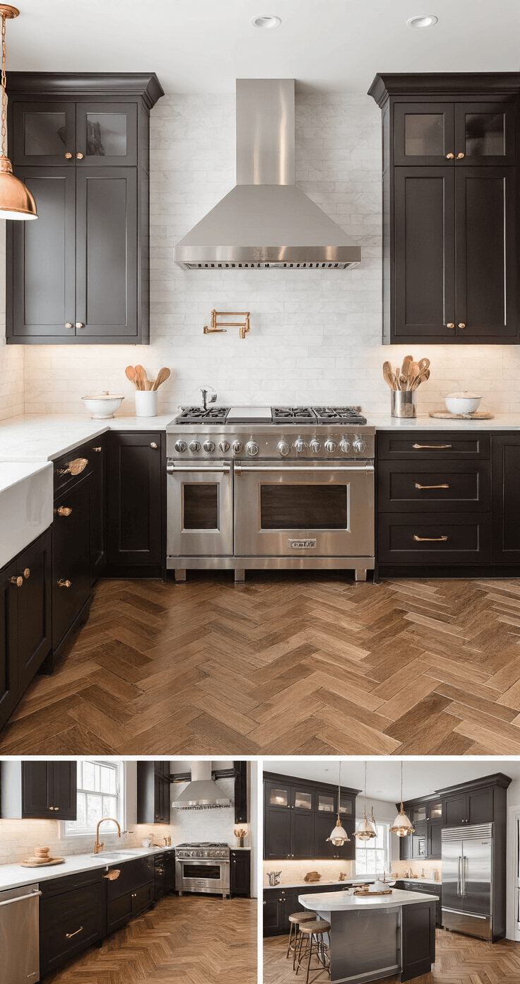 A luxurious chef's kitchen featuring dark espresso custom cabinets, stainless steel appliances, a full-height white marble backsplash, mixed metal fixtures, and herringbone hardwood floors, captured from multiple angles with professional studio lighting highlighting its textures and details.