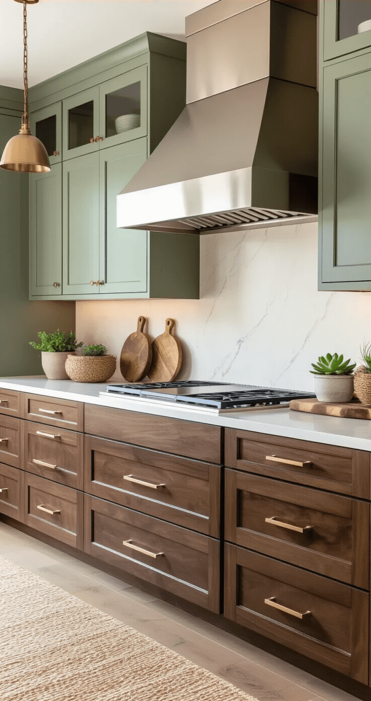 A transitional kitchen featuring walnut base cabinets and sage green upper units, illuminated by golden hour light. The scene includes a brushed nickel custom range hood, cream quartz countertops with subtle veining, and vintage-inspired pendants, styled with cutting boards, succulents, and textiles.