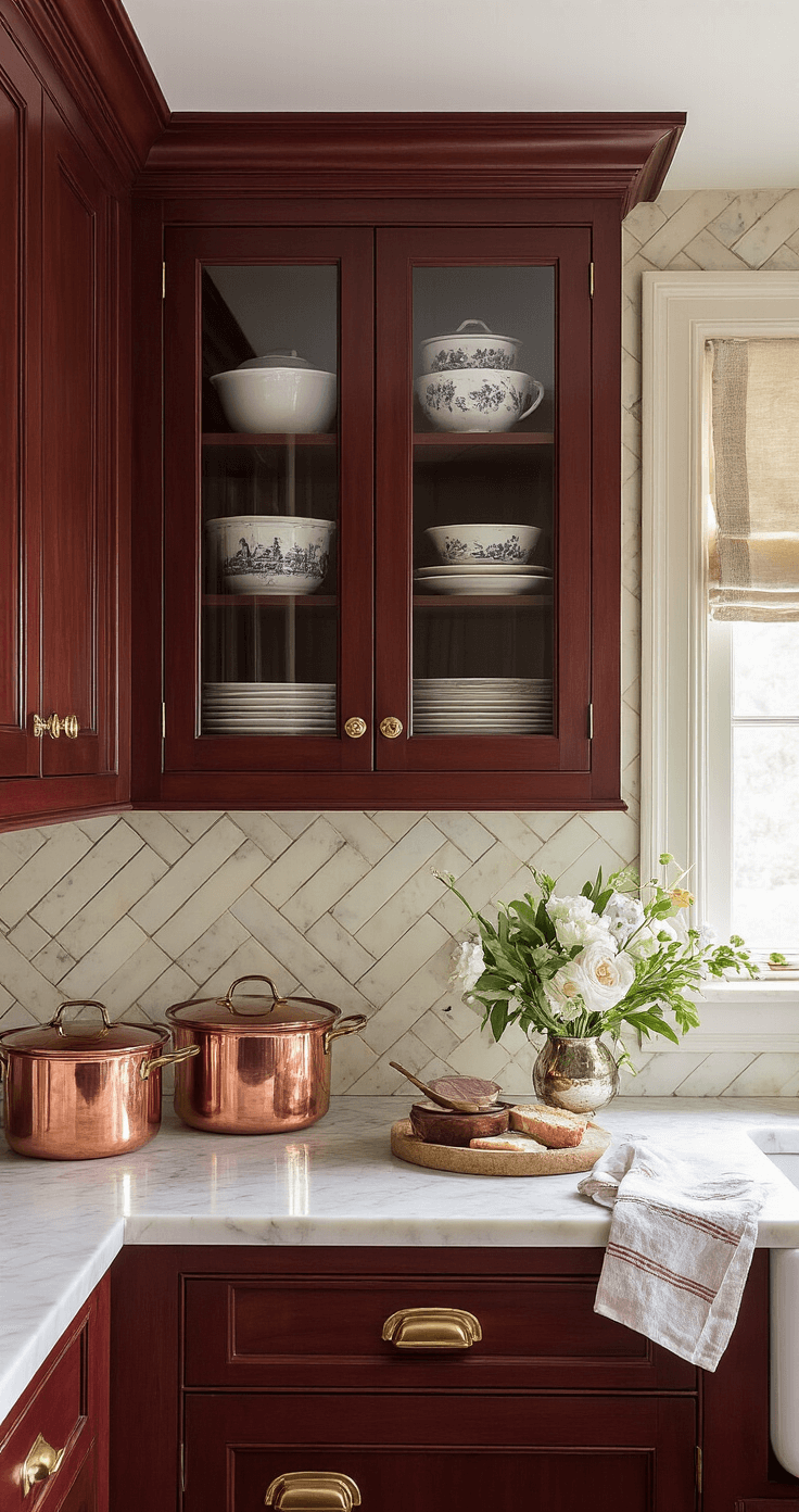 Intimate galley kitchen featuring cherry cabinets and soft lighting, with vintage china in glass-front cabinets, a herringbone marble backsplash, and aged brass hardware, styled with copper cookware and fresh flowers.