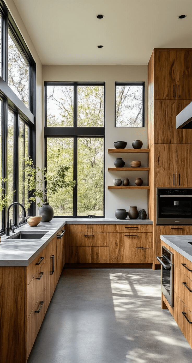 Contemporary kitchen with hickory cabinets showcasing dramatic grain patterns, concrete countertops, floor-to-ceiling windows, open shelving with minimalist pottery, and modern appliances, captured in warm morning light from an island perspective.