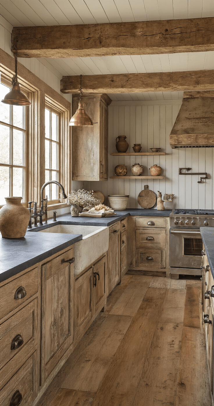 A rustic-modern kitchen featuring distressed oak cabinets with beadboard, soapstone counters, and a farmhouse sink, illuminated by warm late afternoon sunlight. The space is accented with mixed metals, exposed wooden beams, and styled with vintage scales, earthenware crocks, and dried herbs, creating a cozy ambiance.