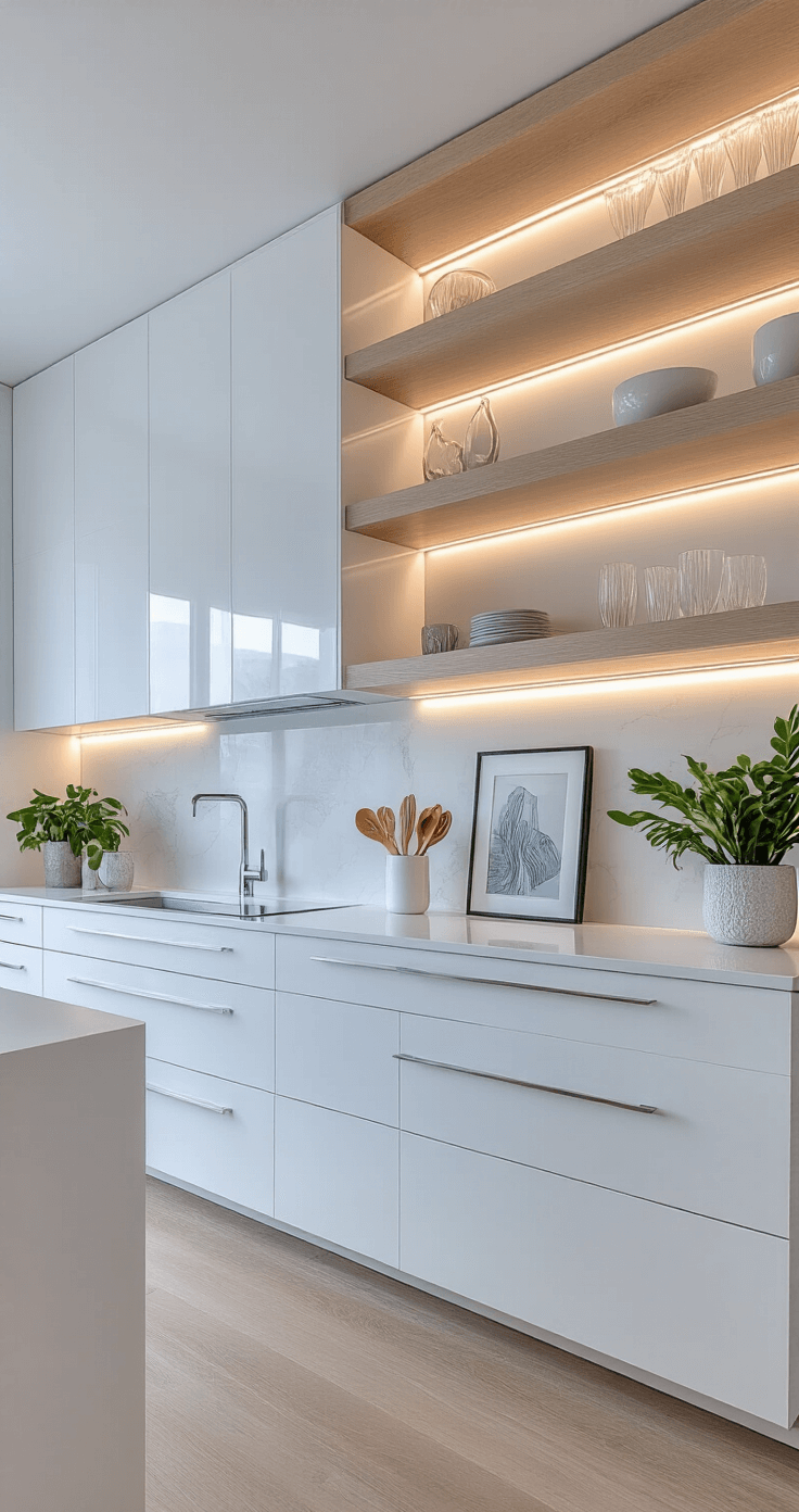 Ultra-modern kitchen with high-gloss white oak cabinets, blue hour lighting, and stark white quartz counters, featuring minimalist chrome cabinet pulls, floating shelves, modern art, and architectural plantings, emphasizing clean lines and a contemporary palette.