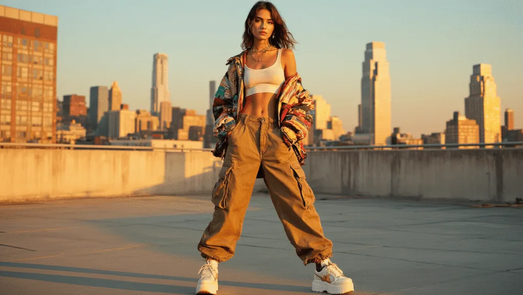 A model showcasing a 90s fashion collection with cargo pants, a crop top, and platform sneakers, accessorized with vintage items, on an urban rooftop during golden hour with warm lighting.