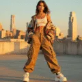 A model showcasing a 90s fashion collection with cargo pants, a crop top, and platform sneakers, accessorized with vintage items, on an urban rooftop during golden hour with warm lighting.