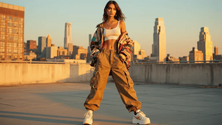 A model showcasing a 90s fashion collection with cargo pants, a crop top, and platform sneakers, accessorized with vintage items, on an urban rooftop during golden hour with warm lighting.