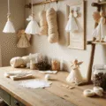A cozy, sunlit craft studio showcasing a rustic wooden workbench filled with angel-making supplies, including paper doilies, peg dolls, yarn skeins, pinecones, and beads. Finished decorative angels are displayed on vintage ladder shelving, and colorful ribbons hang from a copper rod. The warm oak flooring and cream walls create an elegant backdrop, with soft natural light highlighting the textures of the materials.