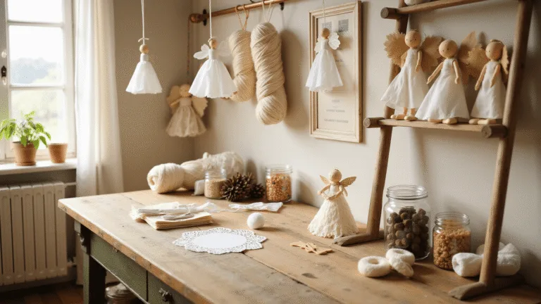 A cozy, sunlit craft studio showcasing a rustic wooden workbench filled with angel-making supplies, including paper doilies, peg dolls, yarn skeins, pinecones, and beads. Finished decorative angels are displayed on vintage ladder shelving, and colorful ribbons hang from a copper rod. The warm oak flooring and cream walls create an elegant backdrop, with soft natural light highlighting the textures of the materials.