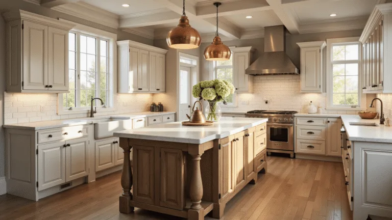 A sunlit farmhouse kitchen featuring antique white cabinetry, a marble-topped island, copper pendant lights, and floor-to-ceiling windows, captured in a warm and inviting atmosphere during golden hour.