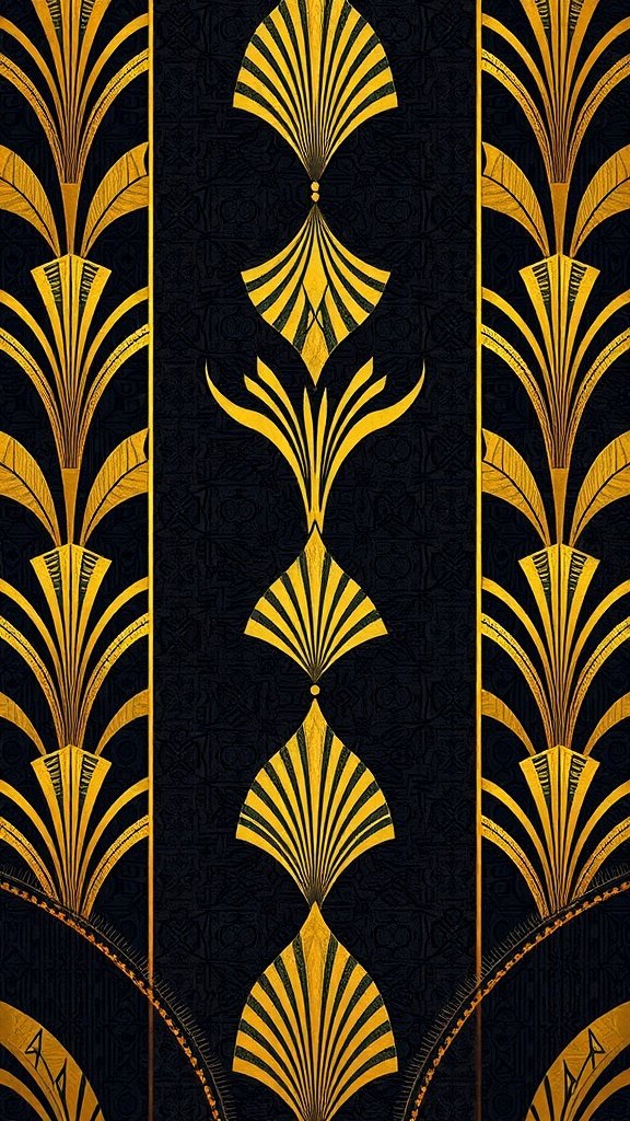 Art Deco wallpaper design featuring gold geometric patterns on a black background