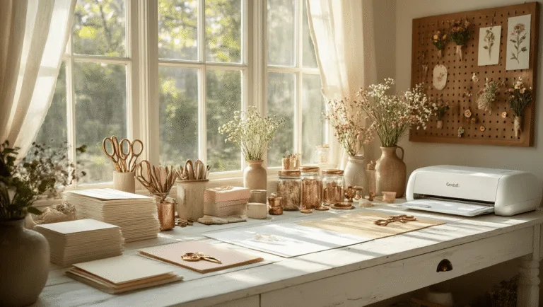 Photorealistic craft room with a weathered white oak desk, natural sunlight streaming through sheer curtains, organized invitation-making supplies, vintage glass jars with ribbons, a wooden pegboard displaying pressed flowers, antique brass wax seals, and a Cricut machine next to a laptop, all captured in warm golden hour lighting with a soft bokeh effect.