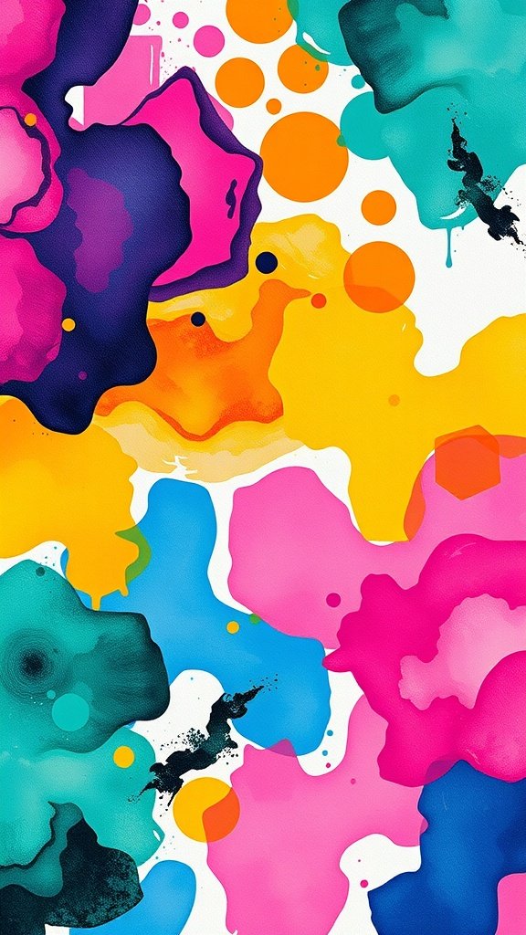 An abstract wallpaper featuring colorful ink and brush patterns in shades of pink, teal, orange, and blue.