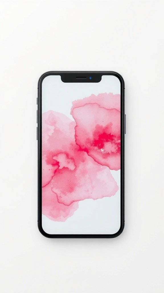 A phone displaying a pink watercolor splash wallpaper