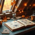 A cozy autumn craft room in an attic, featuring a vintage wooden desk with open bullet journals displaying Halloween designs, fine-liners, and a pumpkin spice latte in a copper mug, all bathed in soft natural light and warm ambient glow from fairy lights.