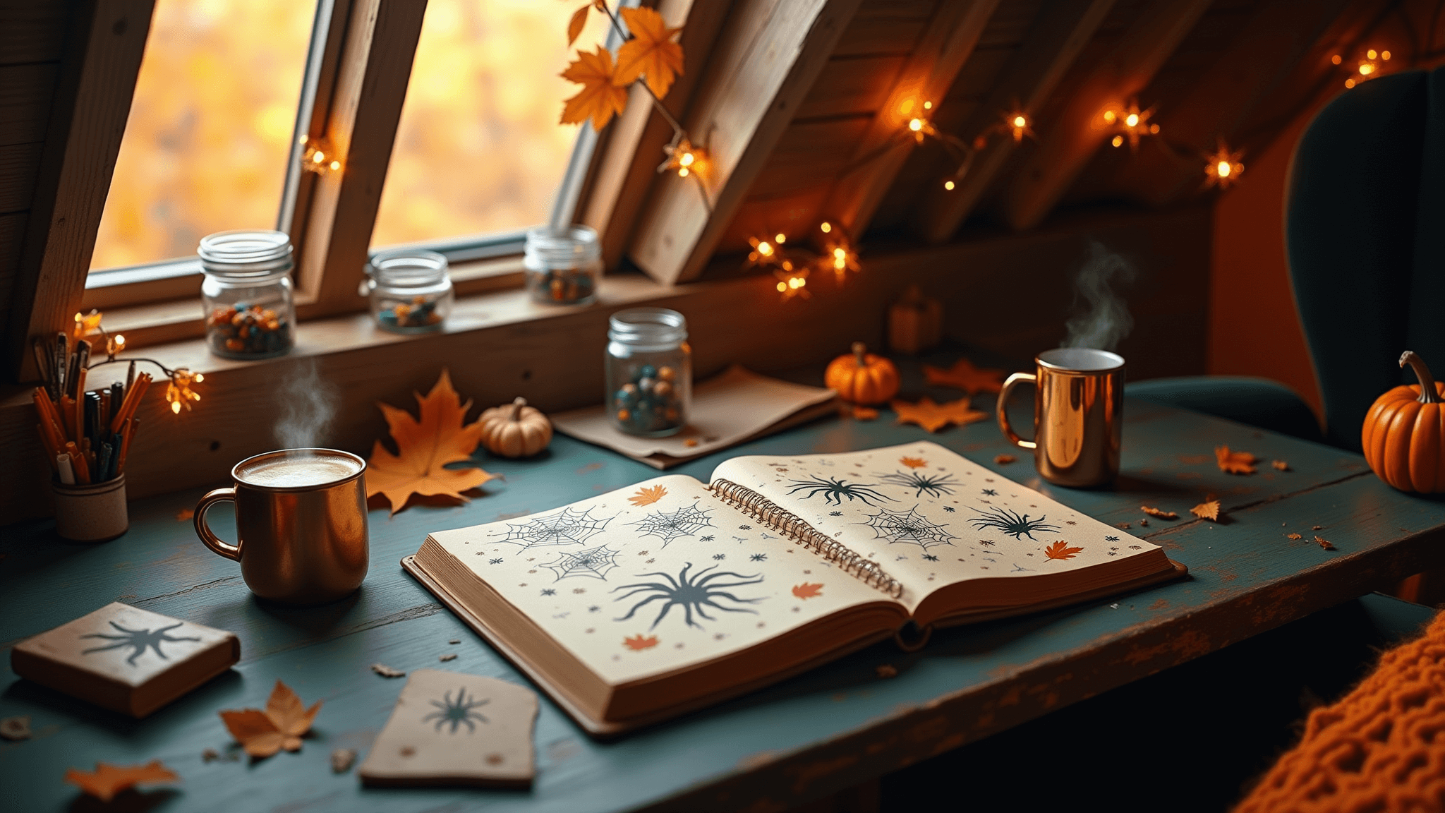 A cozy autumn craft room in an attic, featuring a vintage wooden desk with open bullet journals displaying Halloween designs, fine-liners, and a pumpkin spice latte in a copper mug, all bathed in soft natural light and warm ambient glow from fairy lights.