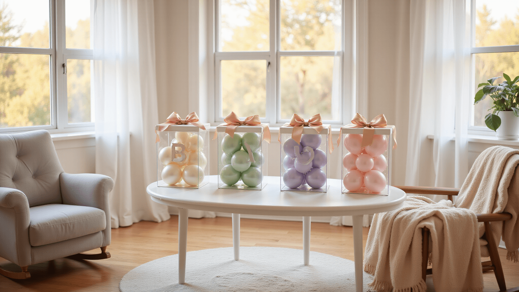 A bright nursery featuring transparent acrylic boxes spelling "BABY," filled with pastel balloons, under golden sunlight streaming through sheer curtains, with a plush rocking chair and soft decor accents.