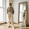 A fashion model in an oversized oatmeal cashmere sweater and high-waisted cream linen pants poses in a sunlit minimalist studio apartment, accessorized with a thin gold belt, chunky white sneakers, and delicate gold jewelry, in front of a full-length mirror.