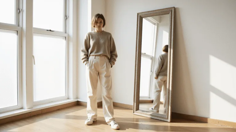 A fashion model in an oversized oatmeal cashmere sweater and high-waisted cream linen pants poses in a sunlit minimalist studio apartment, accessorized with a thin gold belt, chunky white sneakers, and delicate gold jewelry, in front of a full-length mirror.