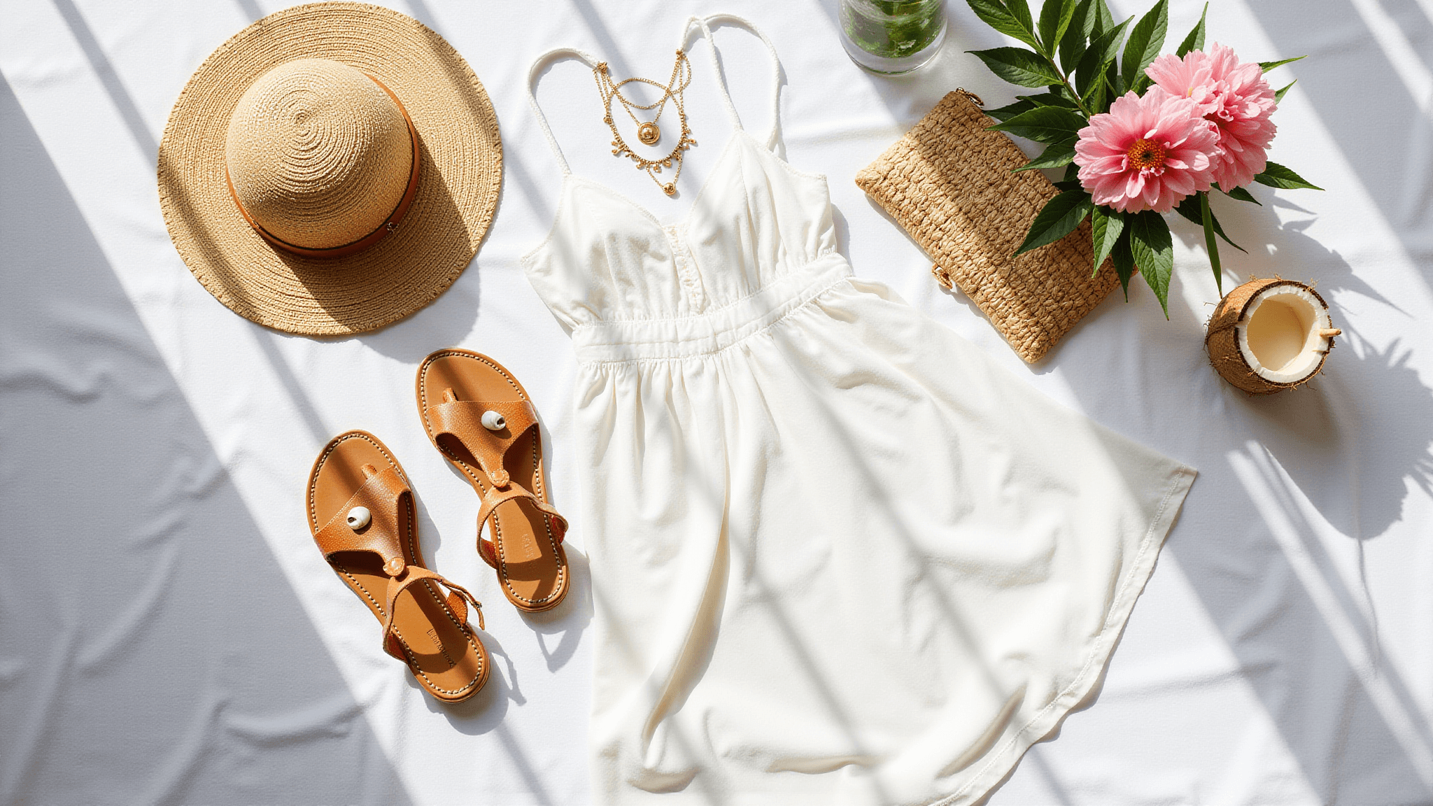 A bright and airy flatlay featuring a white cotton sundress, a woven straw sunhat with shell details, layered gold necklaces, leather sandals, and a rattan clutch on white linen, accented by tropical flowers and a coconut drink.