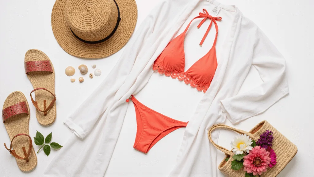 A flatlay of luxurious beach fashion items, featuring a white eyelet cover-up, coral bikini, sunhat, espadrilles, a bamboo bag, shells, and flowers, all beautifully arranged in bright natural light.