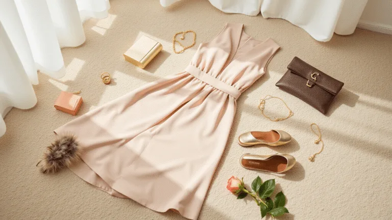 A luxurious flatlay of a champagne silk midi dress, metallic leather sandals, and delicate gold jewelry on a plush cream carpet, with soft natural light casting shadows, accompanied by a designer clutch, feather-trimmed accessories, and fresh roses.