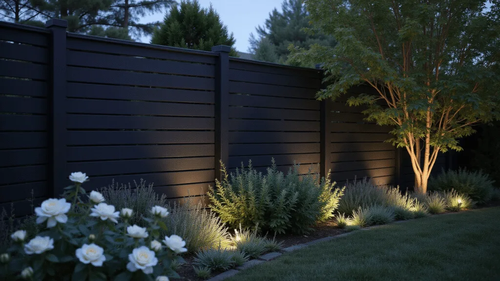 Photorealistic twilight garden scene showcasing a tall matte black horizontal slat fence, illuminated by LED uplighting, framed by white David Austin roses and silver-leafed artemisia, with a blurred background and ethereal lighting effects.