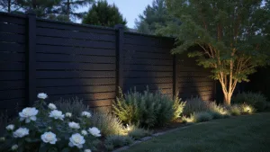 Black Garden Fences: Transforming Outdoor Spaces with Dramatic Style Photorealistic twilight garden scene showcasing a tall matte black horizontal slat fence, illuminated by LED uplighting, framed by white David Austin roses and silver-leafed artemisia, with a blurred background and ethereal lighting effects.