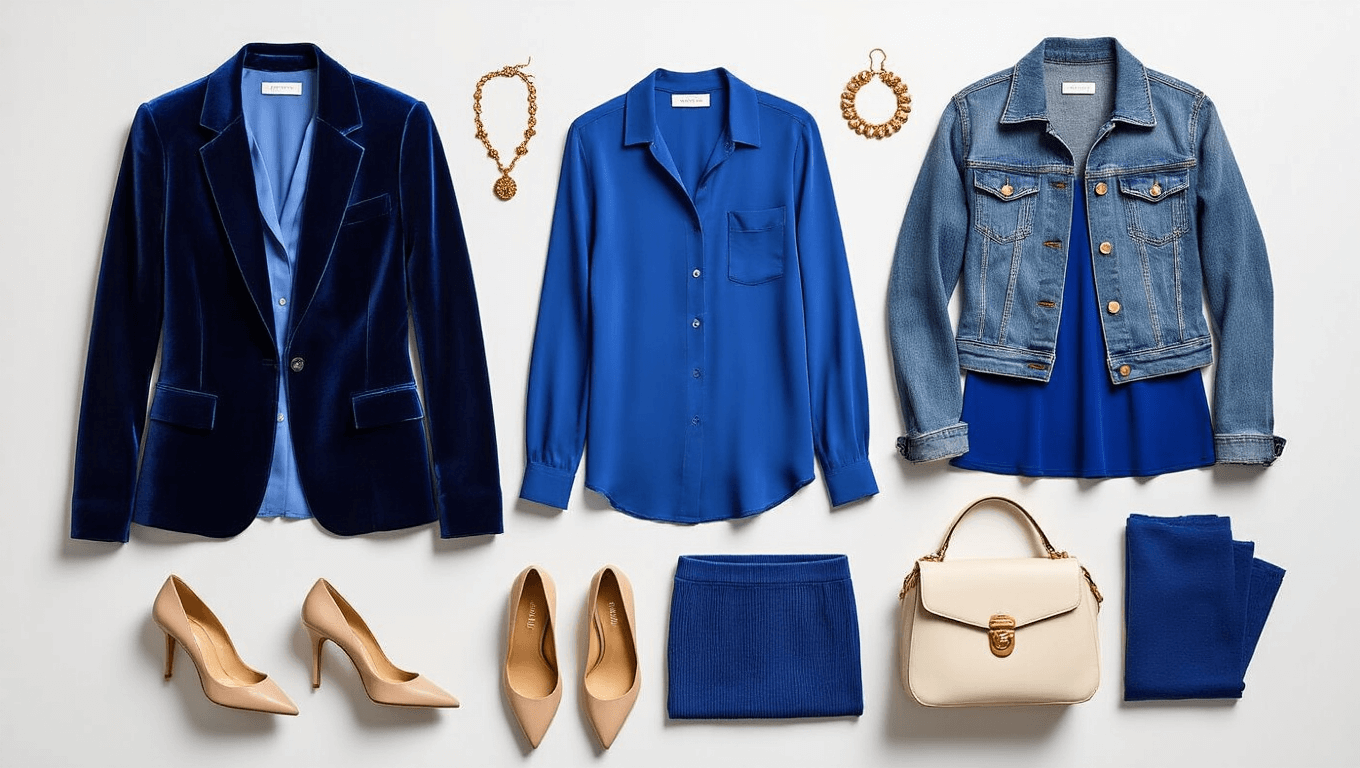 Flat lay of blue clothing pieces including a silk navy blazer, powder blue blouse, denim jacket, and cobalt dress on a white background, accented with gold jewelry and minimalist neutral accessories like nude pumps and a cream leather bag, with natural sunlight highlighting fabric textures.
