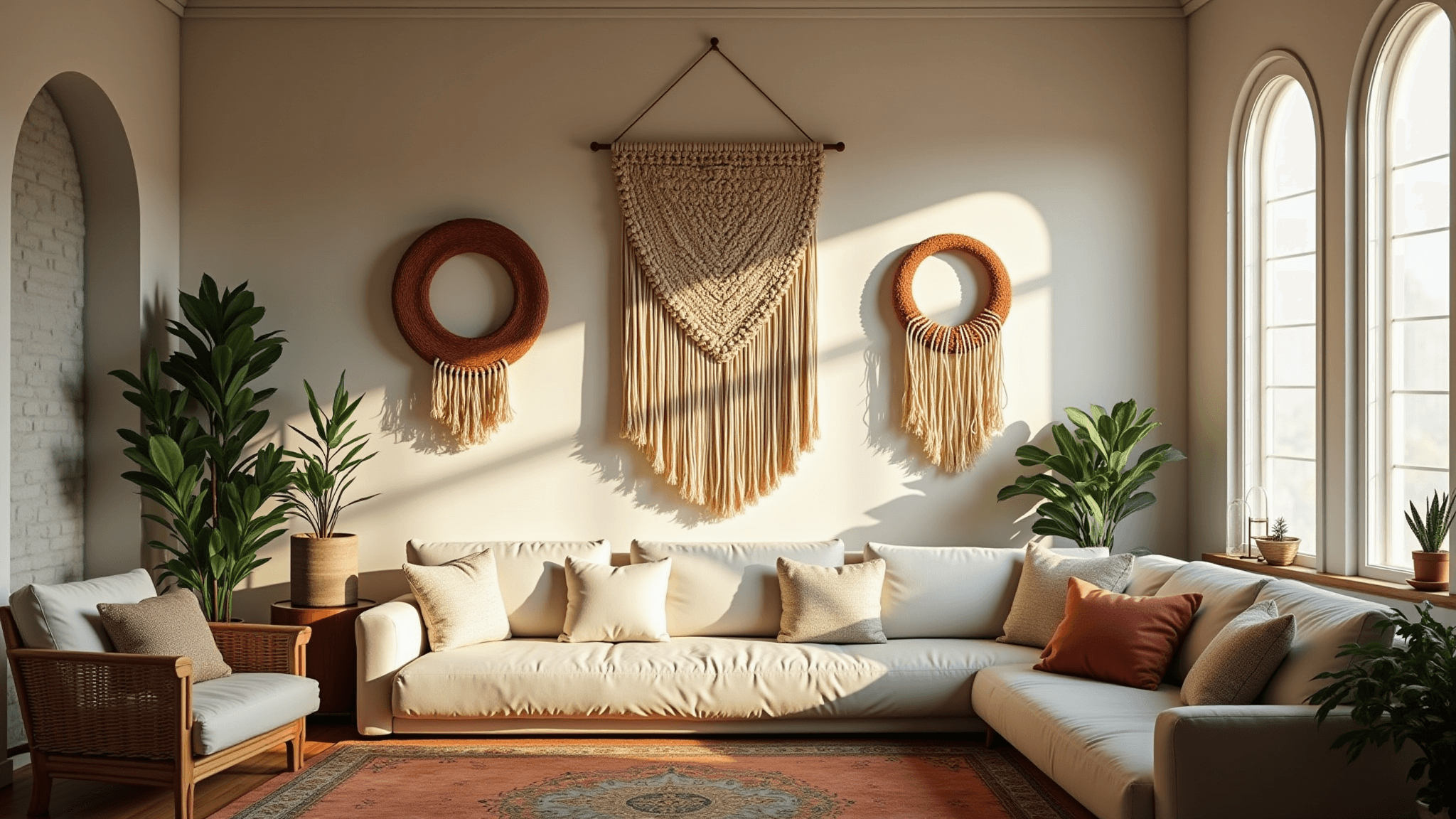 A sunlit bohemian living room featuring a large macramé wall hanging, geometric wooden hoop art, and a jute rope sculpture against whitewashed brick, with an ivory linen sofa and rattan armchairs, surrounded by potted monstera plants and a vintage Persian rug, all bathed in warm golden hour light.