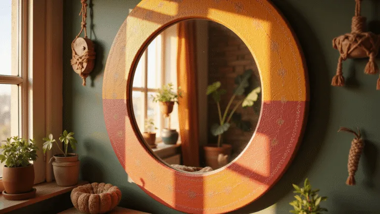 Photorealistic ornate circular mirror with hand-painted sunset gradient and intricate gold mandala designs, illuminated by warm golden hour light in a bohemian-style room, reflecting macramé plant hangers, shot in shallow depth of field with soft shadows and detailed paint textures.