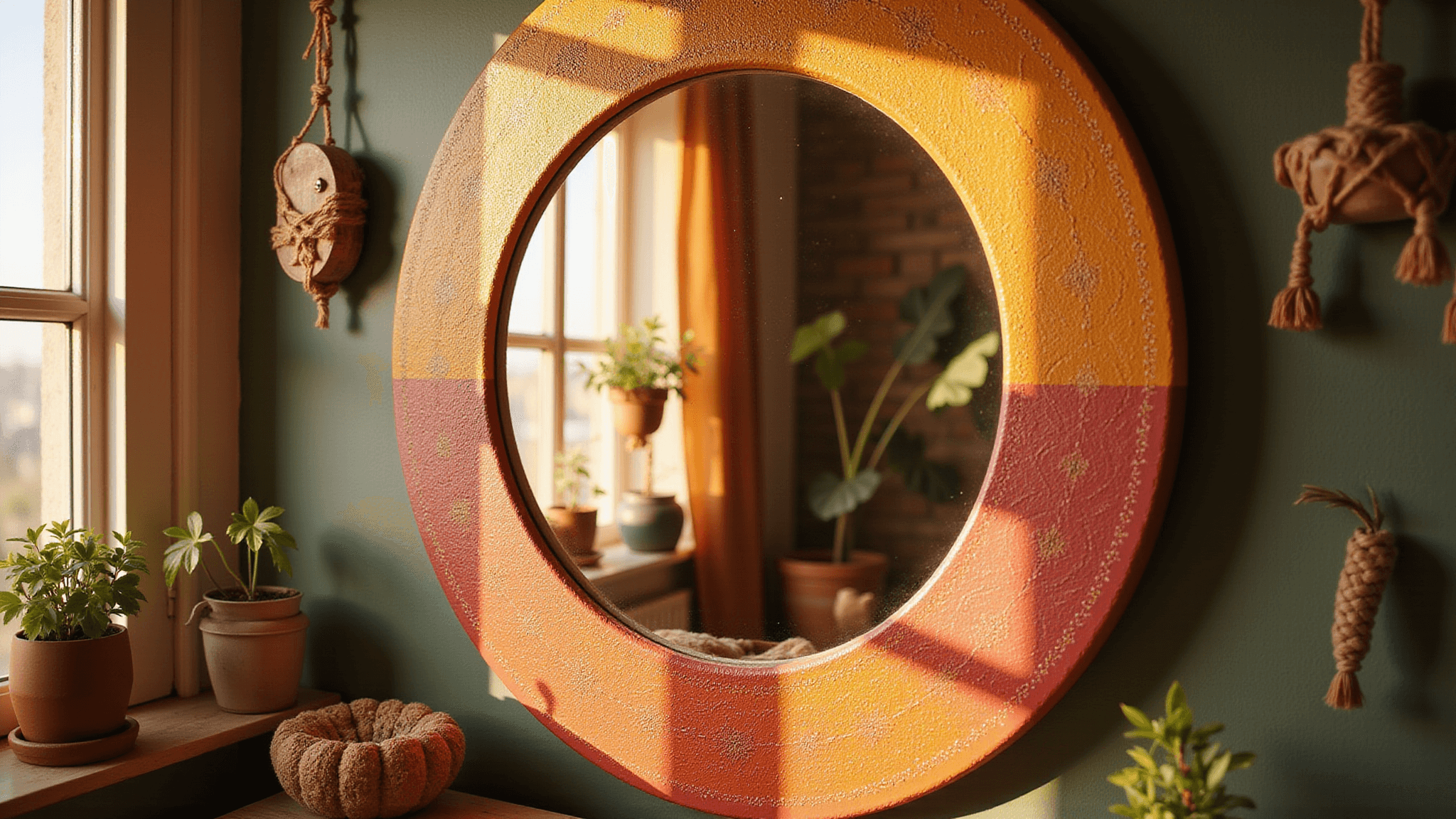 Photorealistic ornate circular mirror with hand-painted sunset gradient and intricate gold mandala designs, illuminated by warm golden hour light in a bohemian-style room, reflecting macramé plant hangers, shot in shallow depth of field with soft shadows and detailed paint textures.