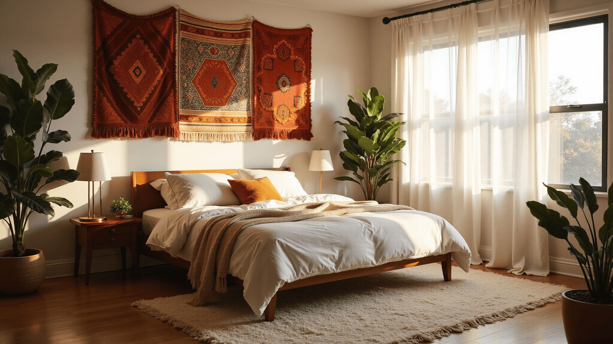 Cozy boho bedroom bathed in filtered morning sunlight, featuring textured jewel-toned textile wall hangings, a mid-century modern bed frame atop natural wood floors, a plush cream area rug, and a fiddle leaf fig plant casting organic shadows, all under sheer white curtains.