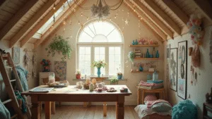 DIY Room Decor: Creative Ideas and How-To Inspiration A sun-drenched bohemian craft room with white-washed walls, vintage workbench, and colorful DIY supplies, adorned with macramé hangings, paper flower garlands, and whimsical mobiles, all bathed in golden hour lighting.