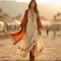 A model in a flowing cream maxi dress with floral embroidery and brown suede ankle boots stands in a sunlit desert, wearing a rust-colored fringed kimono. Softly blurred festival tents and palm trees create a warm, romantic atmosphere illuminated by golden hour light with natural lens flare effects.