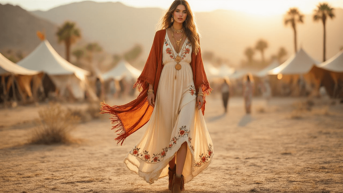 A model in a flowing cream maxi dress with floral embroidery and brown suede ankle boots stands in a sunlit desert, wearing a rust-colored fringed kimono. Softly blurred festival tents and palm trees create a warm, romantic atmosphere illuminated by golden hour light with natural lens flare effects.