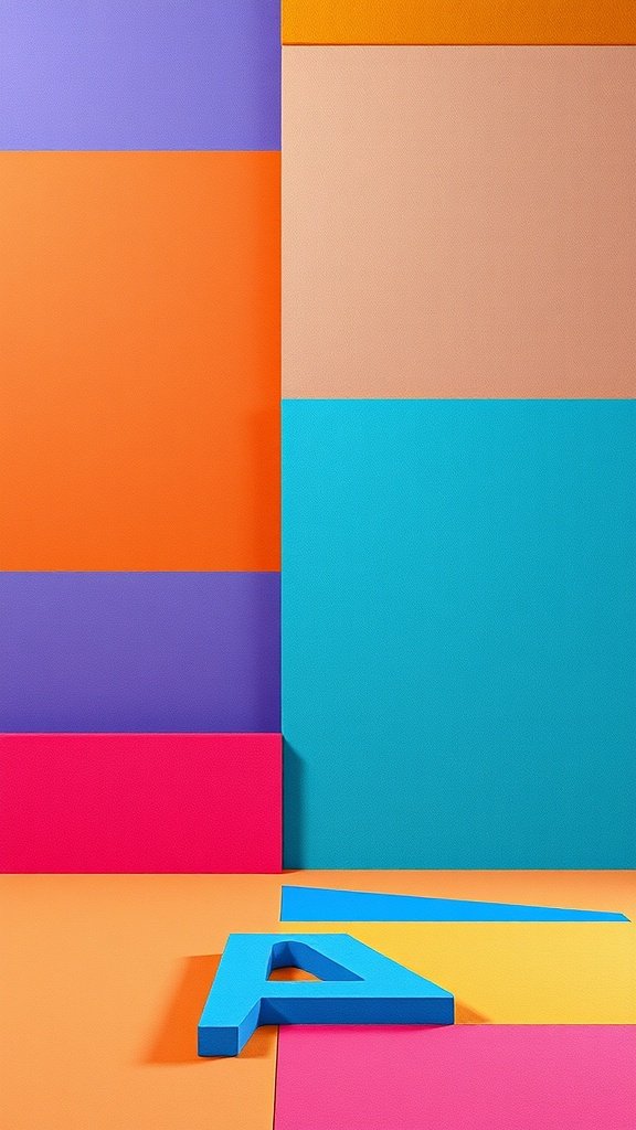 A vibrant color block design featuring orange, purple, and blue sections.