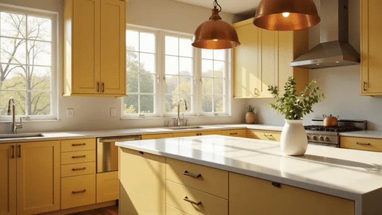 A spacious, sunlit modern kitchen featuring butter yellow Shaker cabinets, white quartz countertops, and vintage copper pendant lights, with natural light streaming through large windows.
