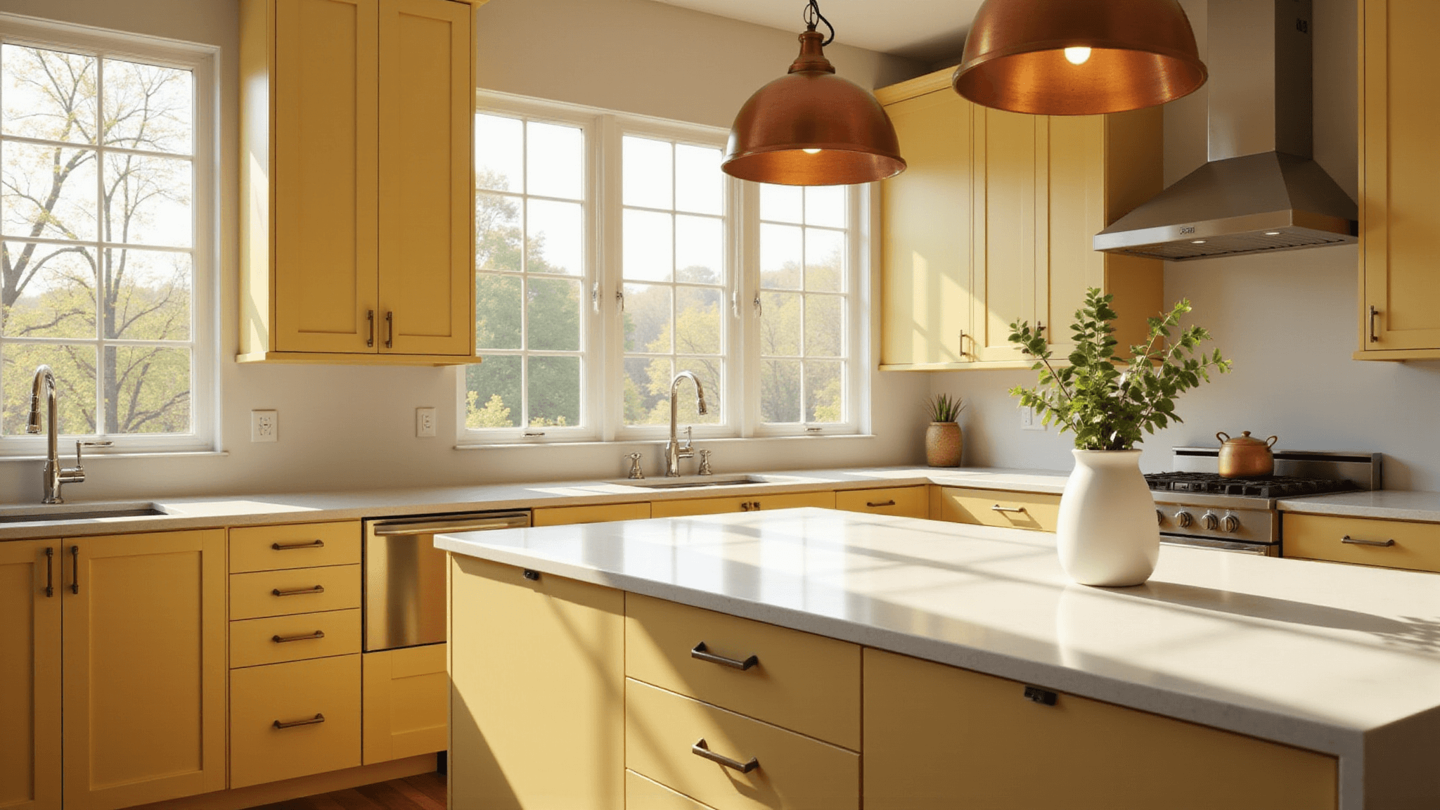 A spacious, sunlit modern kitchen featuring butter yellow Shaker cabinets, white quartz countertops, and vintage copper pendant lights, with natural light streaming through large windows.