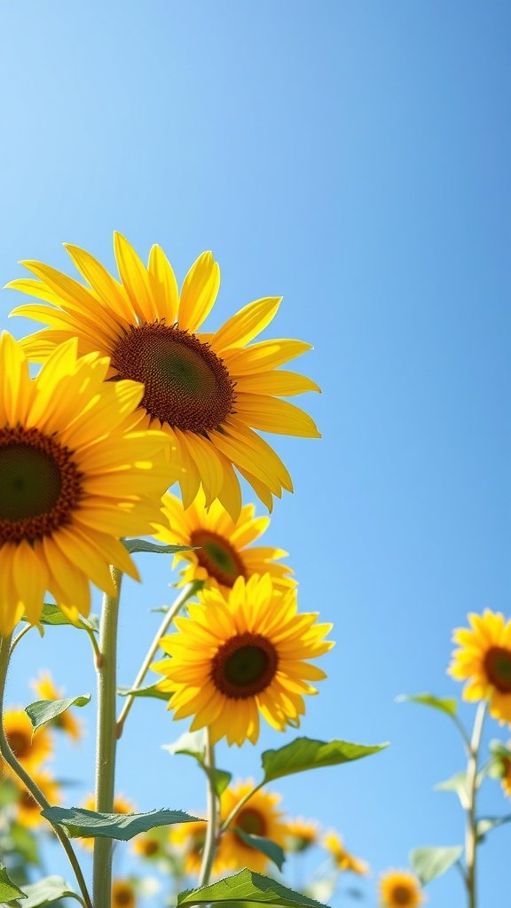 A field of bright sunflowers against a clear blue sky