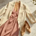 A stylish flatlay featuring a dusty rose midi dress, cream oversized blazer, delicate gold jewelry, and nude leather heels on a light marble surface, complemented by a ceramic coffee cup and fresh flowers, all illuminated by warm morning light.