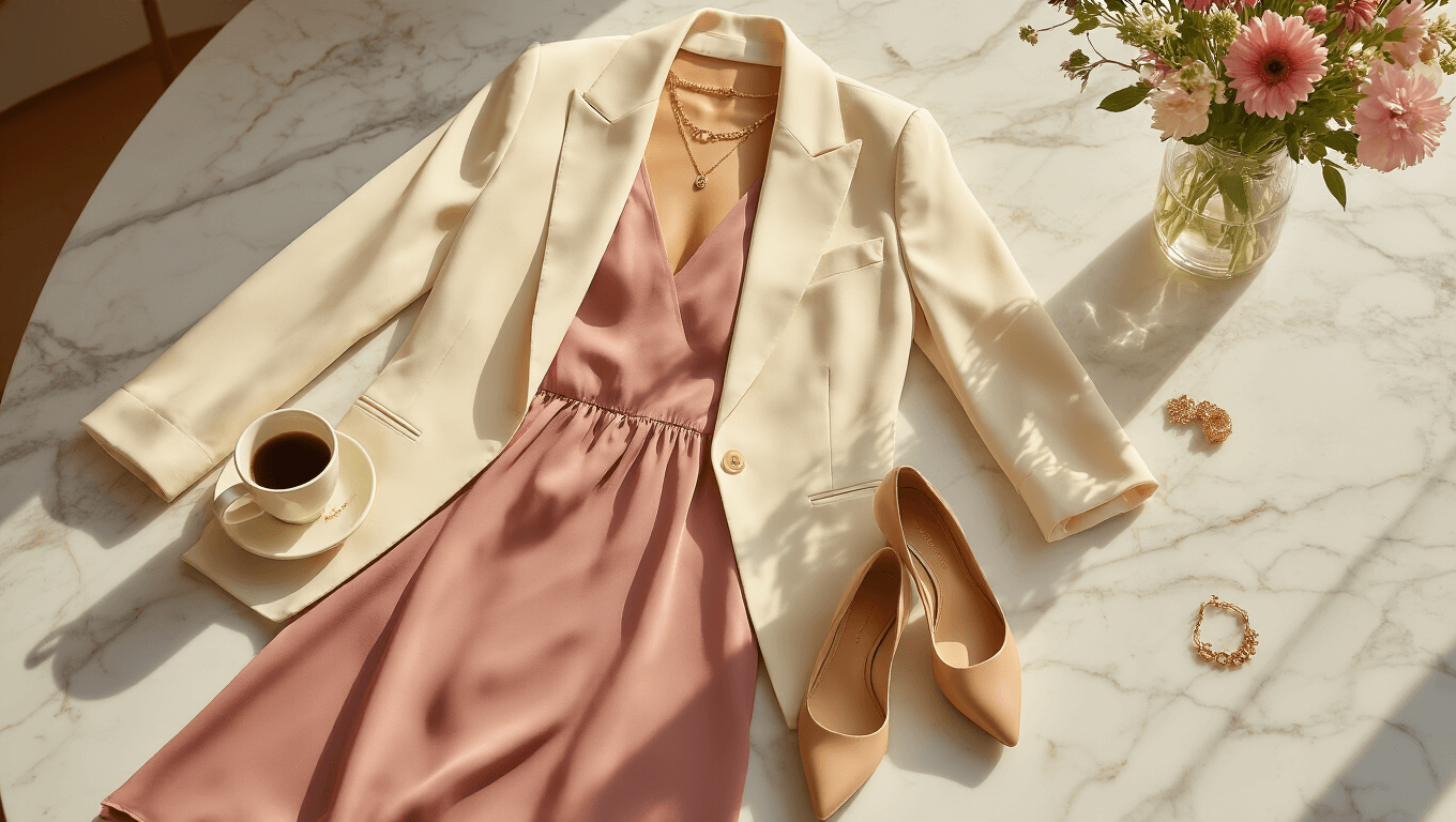 A stylish flatlay featuring a dusty rose midi dress, cream oversized blazer, delicate gold jewelry, and nude leather heels on a light marble surface, complemented by a ceramic coffee cup and fresh flowers, all illuminated by warm morning light.