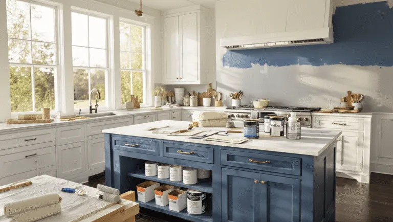 A bright and organized professional kitchen cabinet painting workspace featuring a mid-painting white cabinet door in Farrow & Ball Hague Blue, with high-end painting supplies, drop cloths on dark hardwood floors, and soft golden hour lighting enhancing the scene.