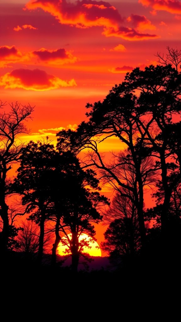 A stunning sunset silhouette with vibrant colors and dark tree outlines