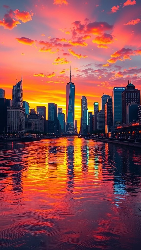 A vibrant city skyline during sunset with colorful reflections in the water