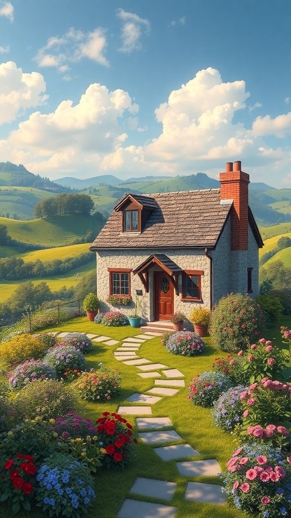 A charming cottage surrounded by colorful flowers and rolling hills under a blue sky.