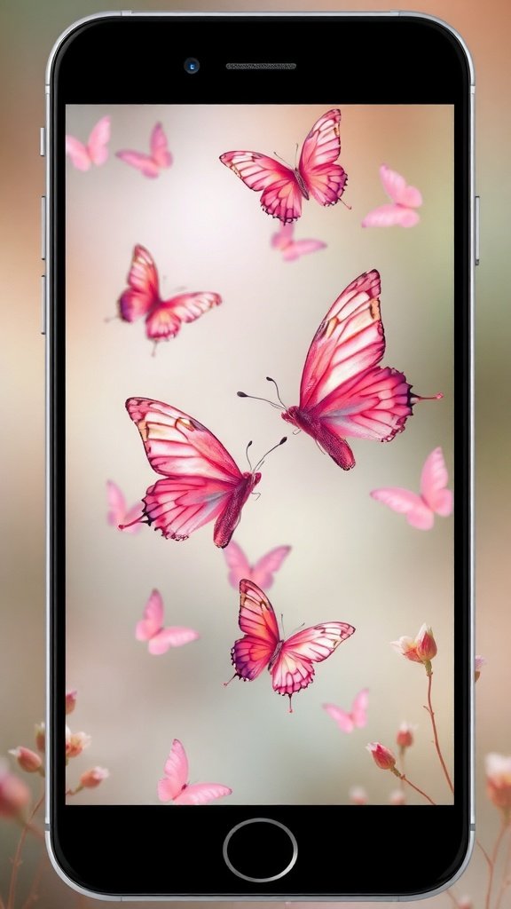 A phone displaying a pink wallpaper with butterflies