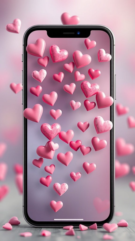 A phone screen displaying floating pink hearts against a soft background.