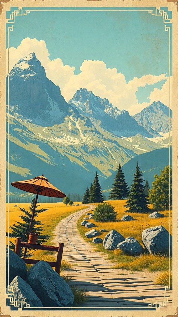 A vintage postcard style image of a winding path through a sunny landscape with mountains in the background and a chair under an umbrella.