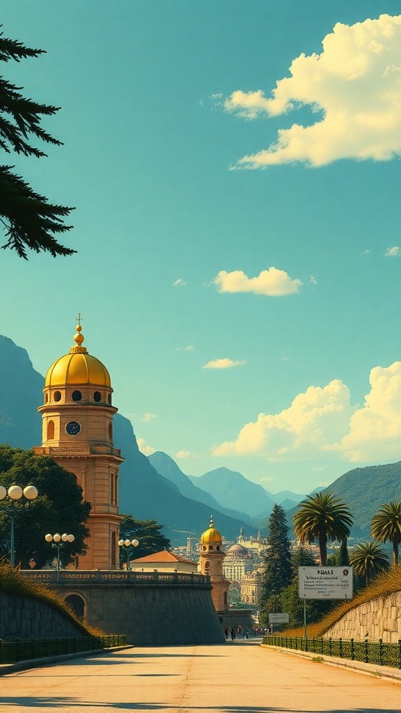 A vintage travel poster style image featuring a beautiful building with a golden dome, mountains in the background, and palm trees lining the pathway.